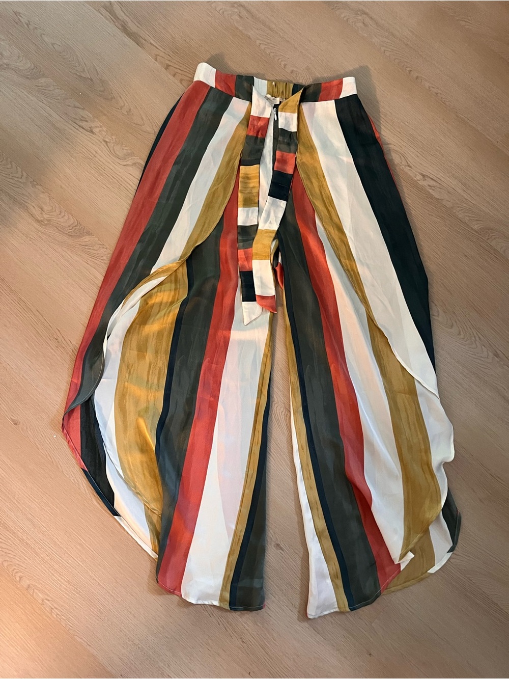 Mystree Vertical Stripe Wide-Leg Pants - Olive, Mustard, Red, Cream